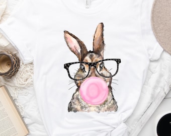 Bunny with Glasses and Bubble Gum Shirt, Christian Easter Shirt, Ladies Easter Bunny Shirt, Bunny Easter Shirts for Women