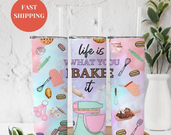 Life Is What You Bake It Tumbler Gift for Baker, Baker Tumbler, Cooking Go To Cup for Women, Macaroon Travel Cup, Croissant Cup Gift for Her