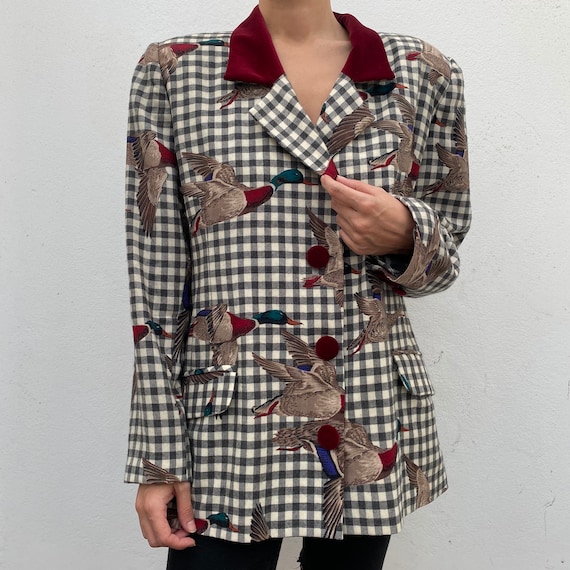 vintage blazer coat / velvet buttons collar / gre
