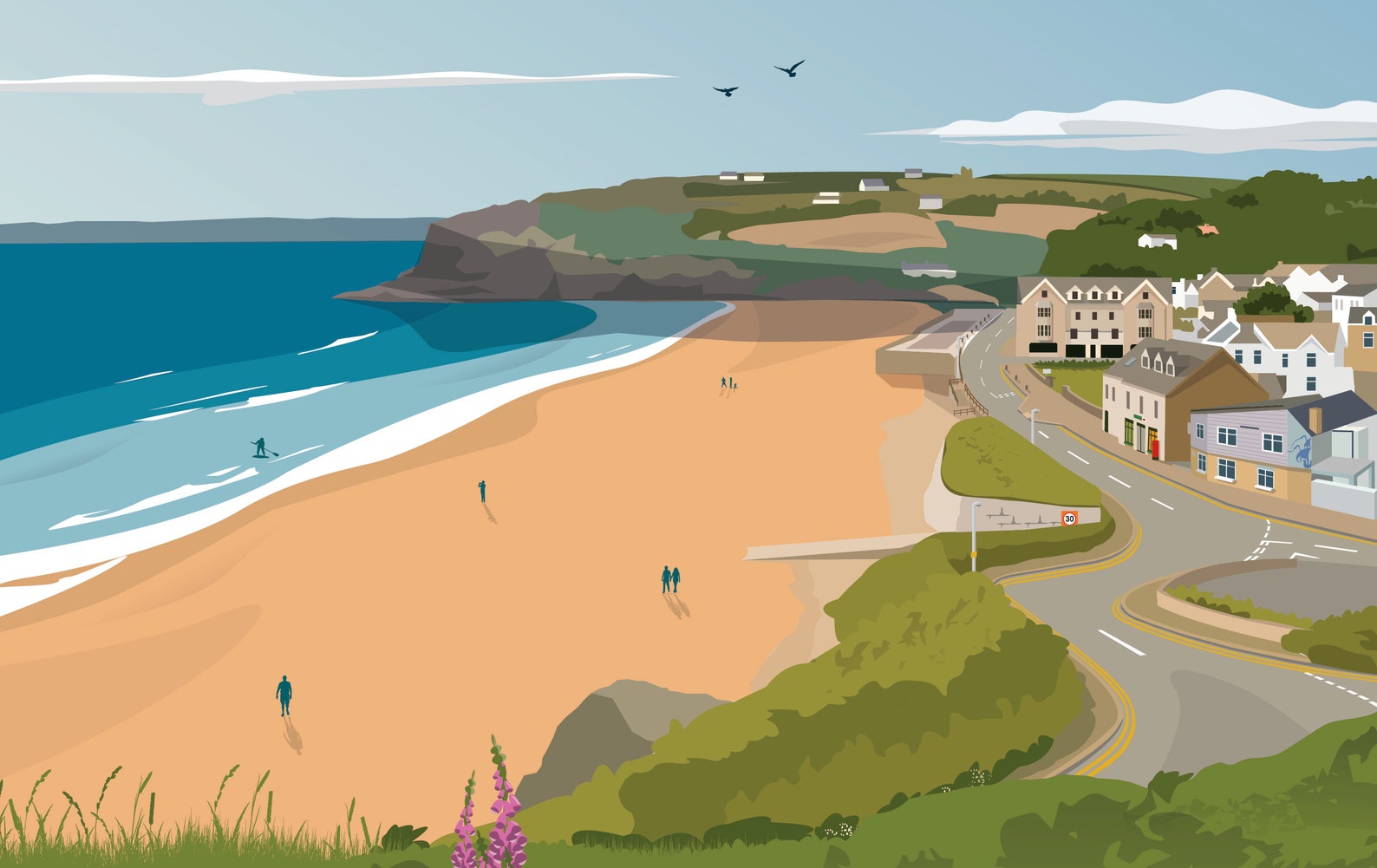 Broad Haven Beach Pembrokeshire Wales Illustration Travel Etsy UK