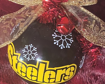 Adorno navideño de los Steelers hecho a mano, lazo dorado, regalo para fanáticos del fútbol americano