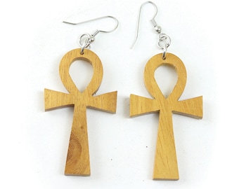 Wood Ankh Earrings | Afrocentric Egyptian Symbol Dangles