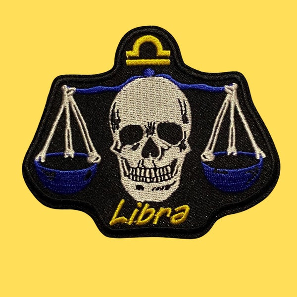 Libra Skull Zodiac Sign Embroidered, Iron on or Sew patch for Motorcycle, Hats, Jackets, Backpacks, Jeans, Punk, Biker Patches, Men, Women