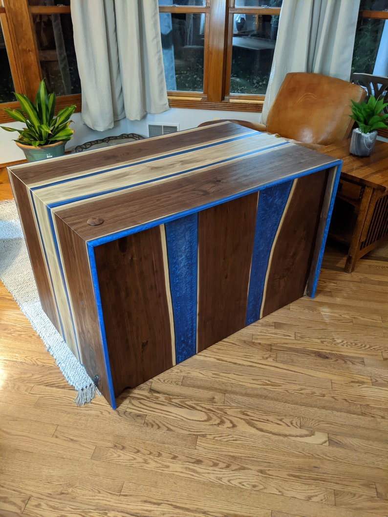 Live Edge Epoxy Resin River and Waterfall Desk Dark Walnut - Happy and Calm
