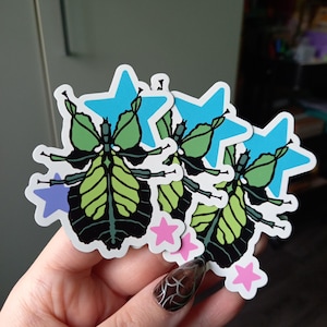 Pode incluir: Uma coleção de adesivos com um design de inseto verde e preto com asas em forma de folha, combinados com detalhes de estrelas azuis e rosa. Os adesivos têm uma borda branca e estão empilhados.