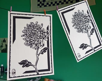 Japanische Chrysantheme Linoldruck – Botanische Kunst auf Reispapier