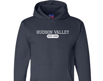 Hudson Valley Varsity Logo Hoodie - Pullover Sweatshirt with Hood - Champion Eco-Hoodie -Hudson Valley Hooded Sweatshirt - Navy Hoodie Green