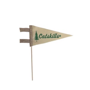 May include: A small, beige pennant flag with a green pine tree and the text "Catskills" in green cursive lettering. The flag is attached to a wooden stick.