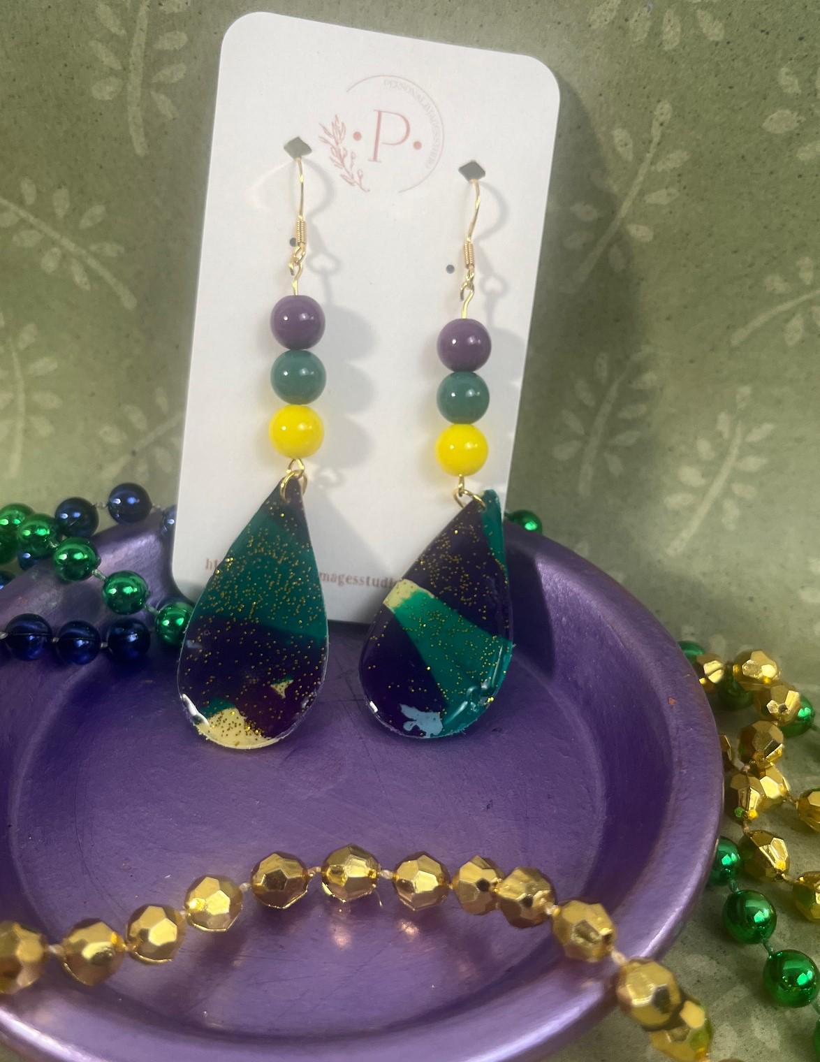 Orecchini vintage di Mardi Gras: strass Swarovski, viola, verde e giallo - Italia