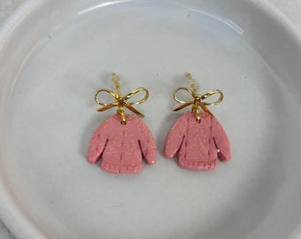 Pink Glitter Holiday Sweater Earrings Gold Bow Dangle Handmade Clay Cute Novelty