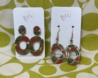 Retro Style Orange/Green/Gold Foil drop Earrings