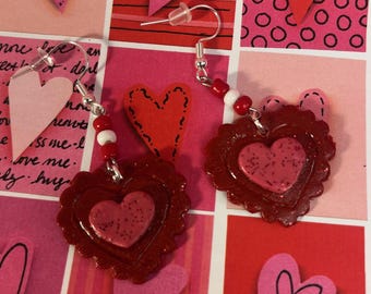 Polymer red/pink Heart earrings Everyday/Valentines Red & white beads