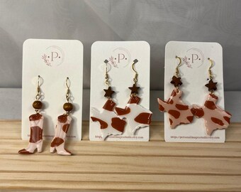 Cowboy/Hat/Boots Rodeo Earrings, Longhorn Earrings, Cow Print Earrings 14K Gold Plated