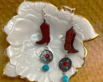Texas Rodeo/western Boot earrings silver/turquoise beads