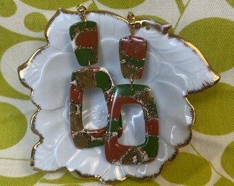 Retro Green/Orange/Gold Foil earrings with stud post