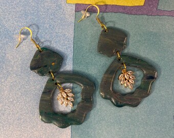 Blue Green Ocean inspired Drop/Dangle Earrings with gold rhinestone charm