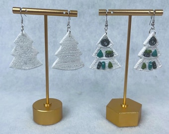Handmade Clay Christmas Tree Earrings White Glitter Sparkle Holiday Festive