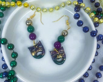 Handmade Mardi Gras Mask Drop Earrings