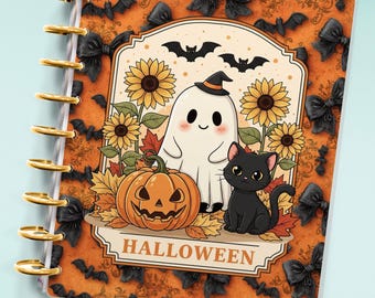May include: A Halloween-themed planner with a spiral binding and gold accents. The cover features a cartoon ghost, black cat, and jack-o'-lantern, with sunflowers and bats on an orange background. The word "HALLOWEEN" is printed on the bottom.