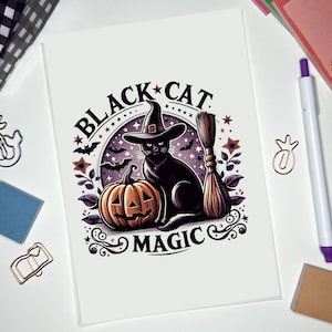 May include: A black cat wearing a witch's hat and holding a broom sits next to a jack-o'-lantern. The text "BLACK CAT MAGIC" is written in a decorative font.