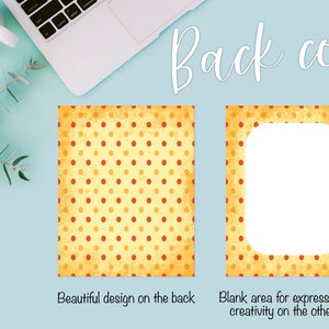 May include: Back cover of a notebook with a yellow and orange polka dot design. The front cover has a blank white space for writing or drawing.