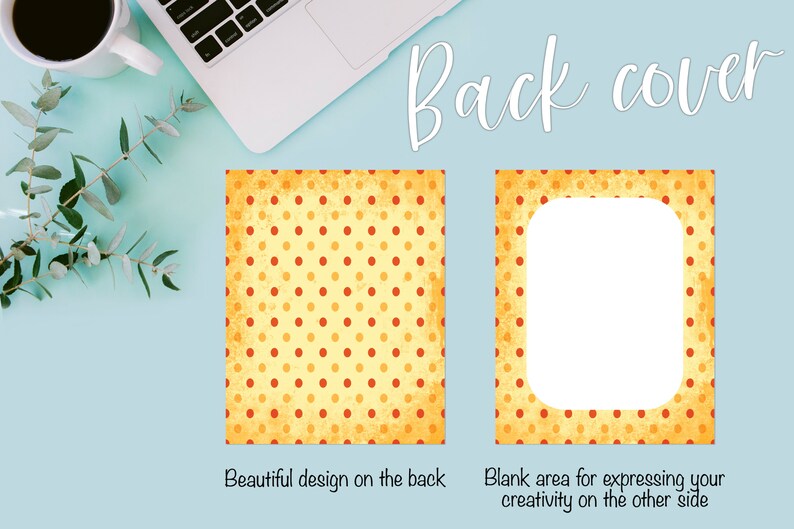 May include: Back cover of a notebook with a yellow and orange polka dot design. The front cover has a blank white space for writing or drawing.