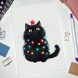 May include: A whimsical illustration of a black cat decorated as a Christmas tree. The cat has a red star on its head and is adorned with colorful string lights. The artwork is on a white background.