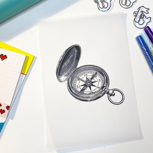 May include: A black and white illustration of a compass with a closed lid. The compass has a circular face with a compass rose and markings for north, south, east, and west. The compass is on a white background.