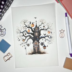 May include: A spooky Halloween tree illustration with a house in the trunk. The tree is decorated with orange pumpkins, black bats, and other Halloween-themed ornaments.