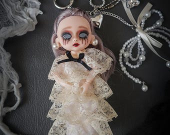 CREEPY gothic doll Bag Charm with super cute charm white bleeding mascara