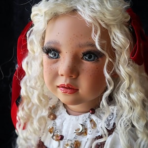 May include: A porcelain doll with blonde curly hair, wearing a red and white dress with a silver necklace. The doll has blue eyes and freckles.