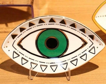 Green Evil Eye ceramic jewelry tray, evil eye dish, oval shape, gifts for her, gifts for anyone.