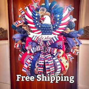 Patriotic Eagle Wreath for Front Door - Large Metal Wall Art Decor for 4th of July and Veterans Day, Memorial Day Welcome Wreath.