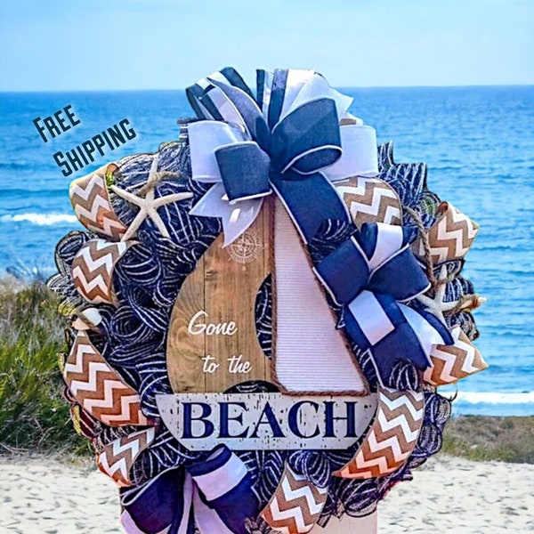 Sailboat Summer Wreath,Nautical Wreath for Front Door,Beach Front Door Hanger, Nautical decor,Lakeside Wreath,Beach Themed Front Door Decor.