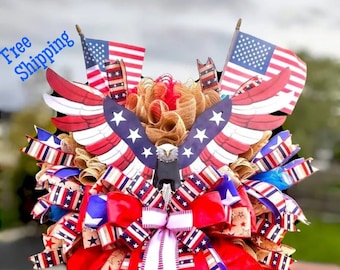 Couronne patriotique, couronne patriotique pour porte d'entrée, couronne d'aigle en métal, couronne du jour du souvenir, décoration patriotique, décoration drapeau des États-Unis, couronne du 4 juillet.