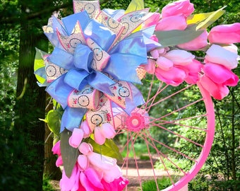 Summer Bicycle Wheel Wreath,Free Shipping,Pink Tulip Wheel Decor,Front Door Spring Summer Wreath,Blue and Pink Tulip Wreath,Bicycle Wall Art