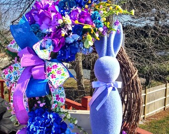 Easter Bunny Spring Wreath, Flocked Purple Bunny Wreath, Bunny Wreath For Front Door, Grapevine Bunny Wreath, Hydrangea Purple Spring Decor.