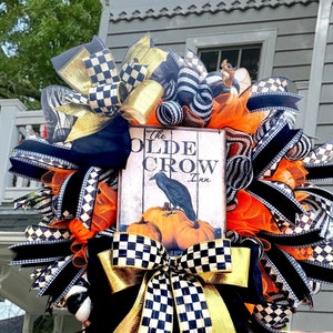 Gothic Crow Halloween Wreath: Black, White & Gold Designer Ribbon