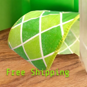 Green Harlequin Wired Ribbon: 2.5 Inch, 10 Yards - St Patricks Day Craft Supply