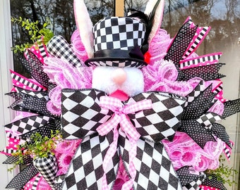 Bunny Wreath,Black and White Checked Bunny Wreath, White Rabbit Easter Decor,Wonderland Bunny Door Decor,Easter Bunny Decor,Spring Wall Art.