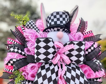 Bunny Wreath, Bunny Black and White Checked Wreath, White Rabbit Easter Decor, Wonderland Bunny Door Decor, Spring Wall Art.