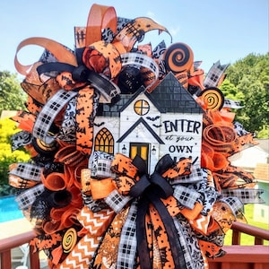 Eerie Haunted House Wreath: Spooky Front Door Decor for Halloween and Fall Season