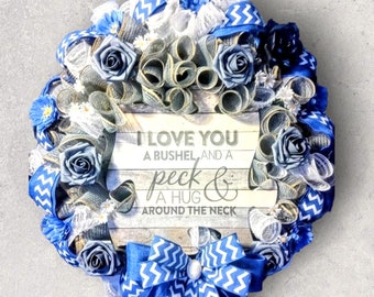 Everyday Front Door Decor, Blue Wreath, A Bushel and A Peck Wreath, Wooden Sign Blue Rose Wreath, Blue Door Hanger, Mothers Day Gift.