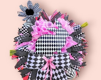 Harlequin Bunny Spring Wreath,Black and White Wreath,Whimsical Front Door Decor,Spring Buffalo Checked Unique Wreath,Outdoor Gift for Her..