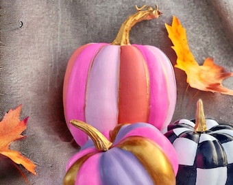 Hand Painted Pumpkin Set of Three 3, Black White & Colorful Pastel Fall Pumpkins,Pumpkin Home Decor,DIY Supply,Thanksgiving Halloween Decor.