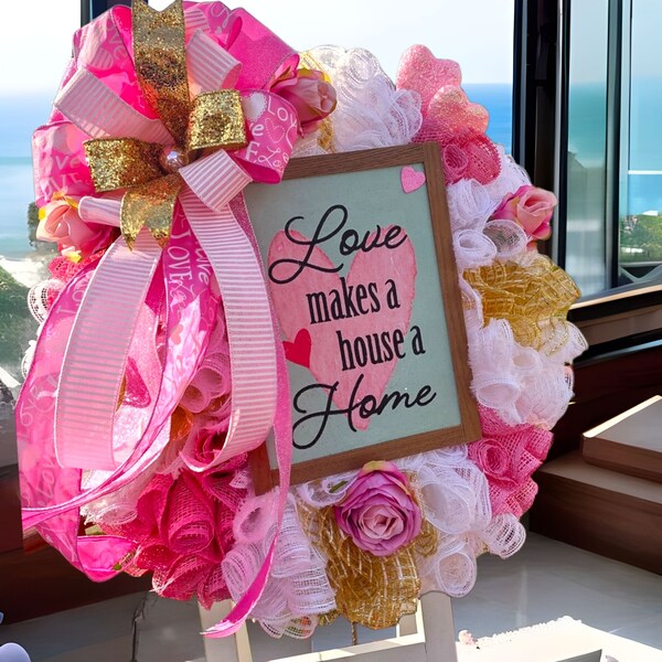 Valentines Wreath,Pink and White Rose Wreath, Wooden Heart Family Love sign Wreath,Love is Found at Home Love Wreath,Wooden Heart Wall Art.