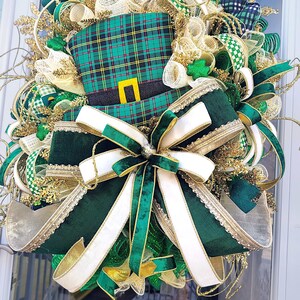 St Patrick's Day Wreath,Top Hat Green & Gold Shamrock Irish Door Decor.