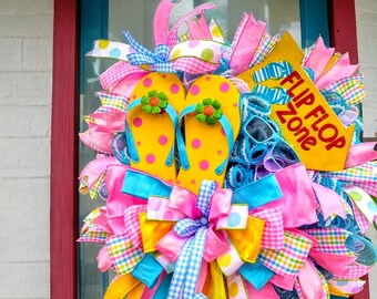 Flip Flop Wreath for Front Door,Flip Flop Summer Wreath,Summer Front Door Decor,Spring Flip Flop Wreath,Colorful Front Door Beach Wreath. .