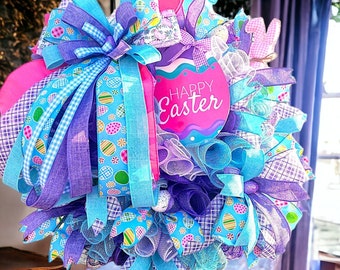 Easter Wreath,Blue and Purple Happy Easter Spring Wreath,Colorful Spring Decor,Spring Wreath for Front Door,Easter Deco Mesh Holiday Wreath
