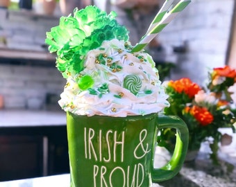 Fake Saint Patricks Day Mug with Faux Whip Cream,St Patty Irish Decor,Tier Tray Decor,Fake Food & Fake Drink,Holiday Decor,Fake Cake Decor.